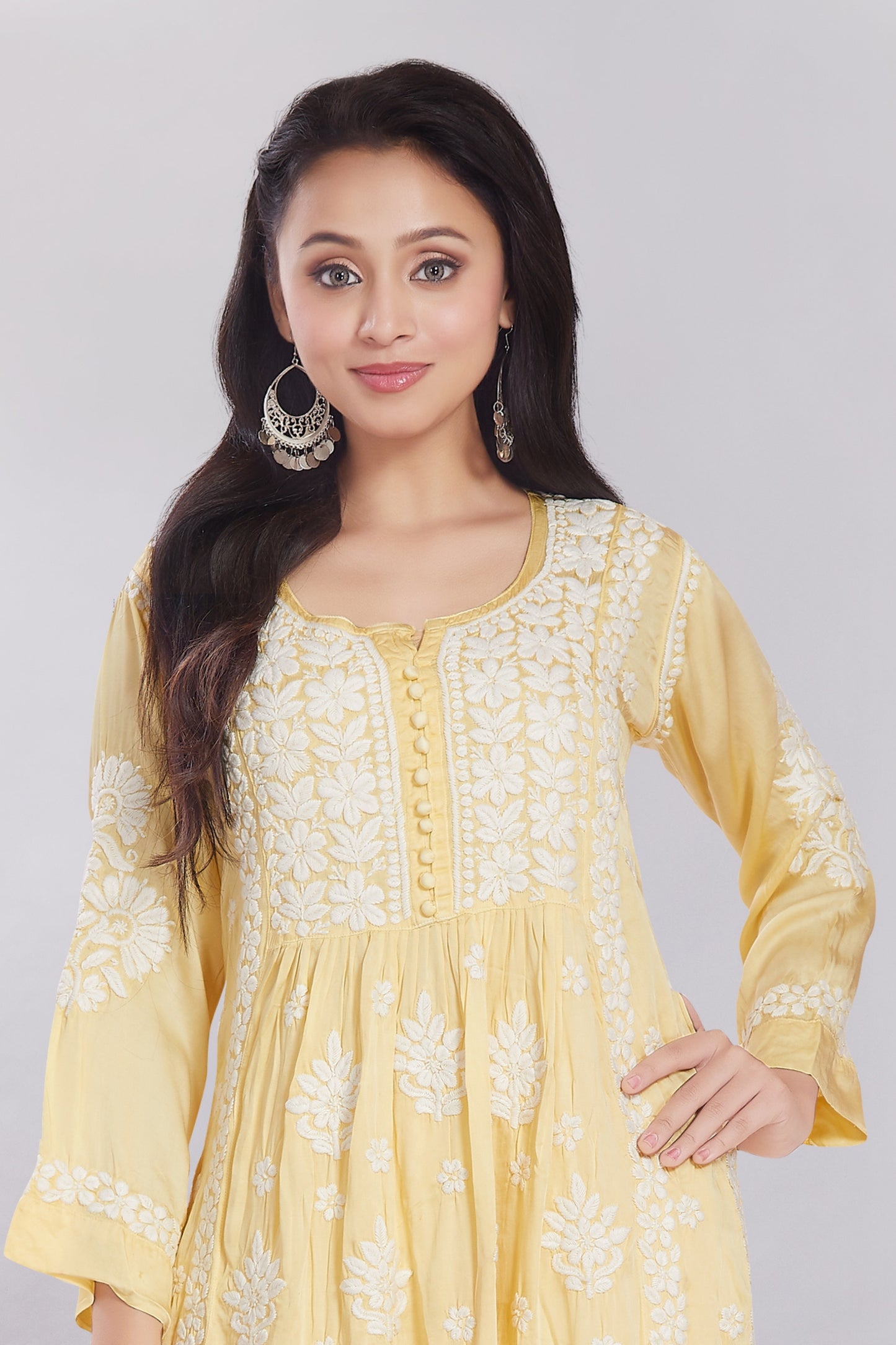 ⁠⁠Huma Yellow Modal Satin Gherdaar Set