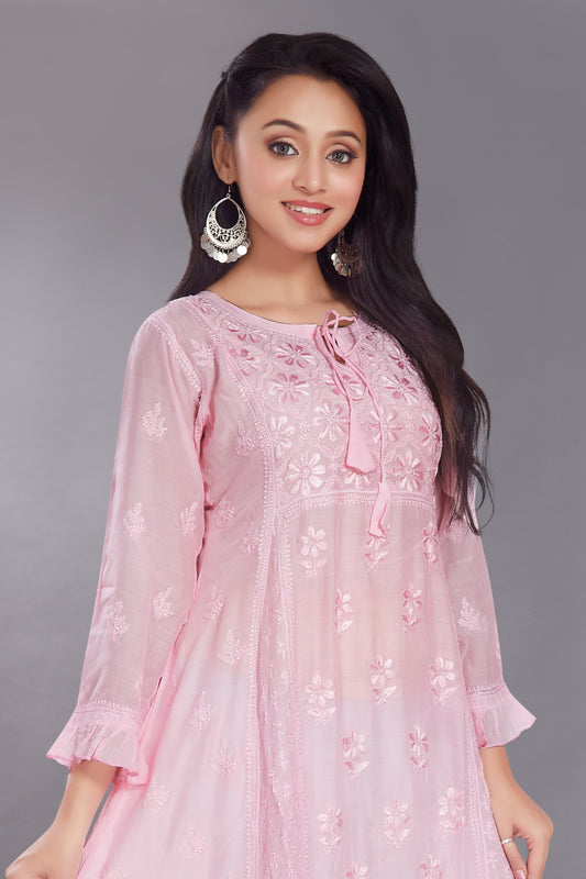 Nazish Flowering Rose (Pink) Muslin Kalidaar Gown