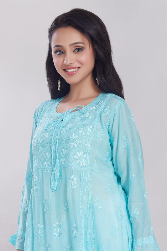 Nazish Aqua Blue Muslin Kalidaar Gown