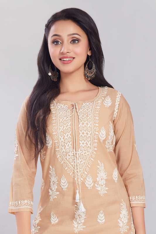 Zeba Sand Colour Chanderi Chikankari Set