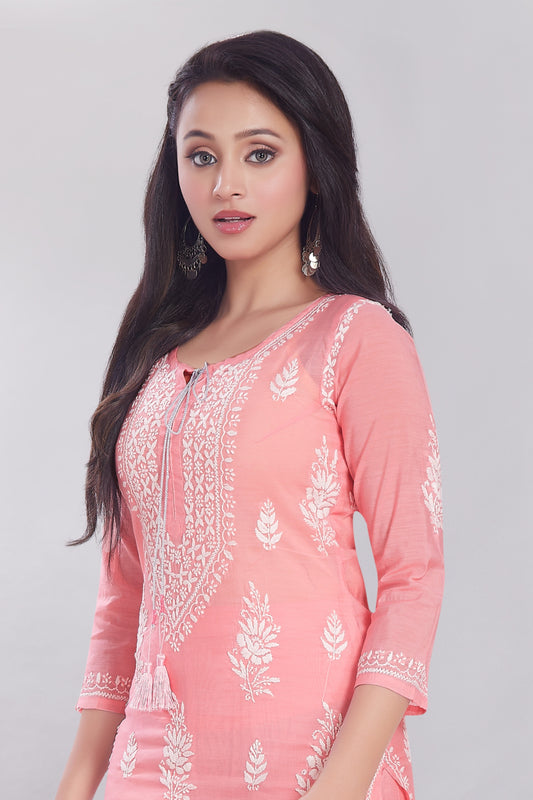 Zeba Rose Pink Chanderi Chikankari Set