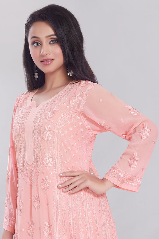 Georgette full length Anarkali in Pastel Peach with Heavy Jaaldaar Chikankari.