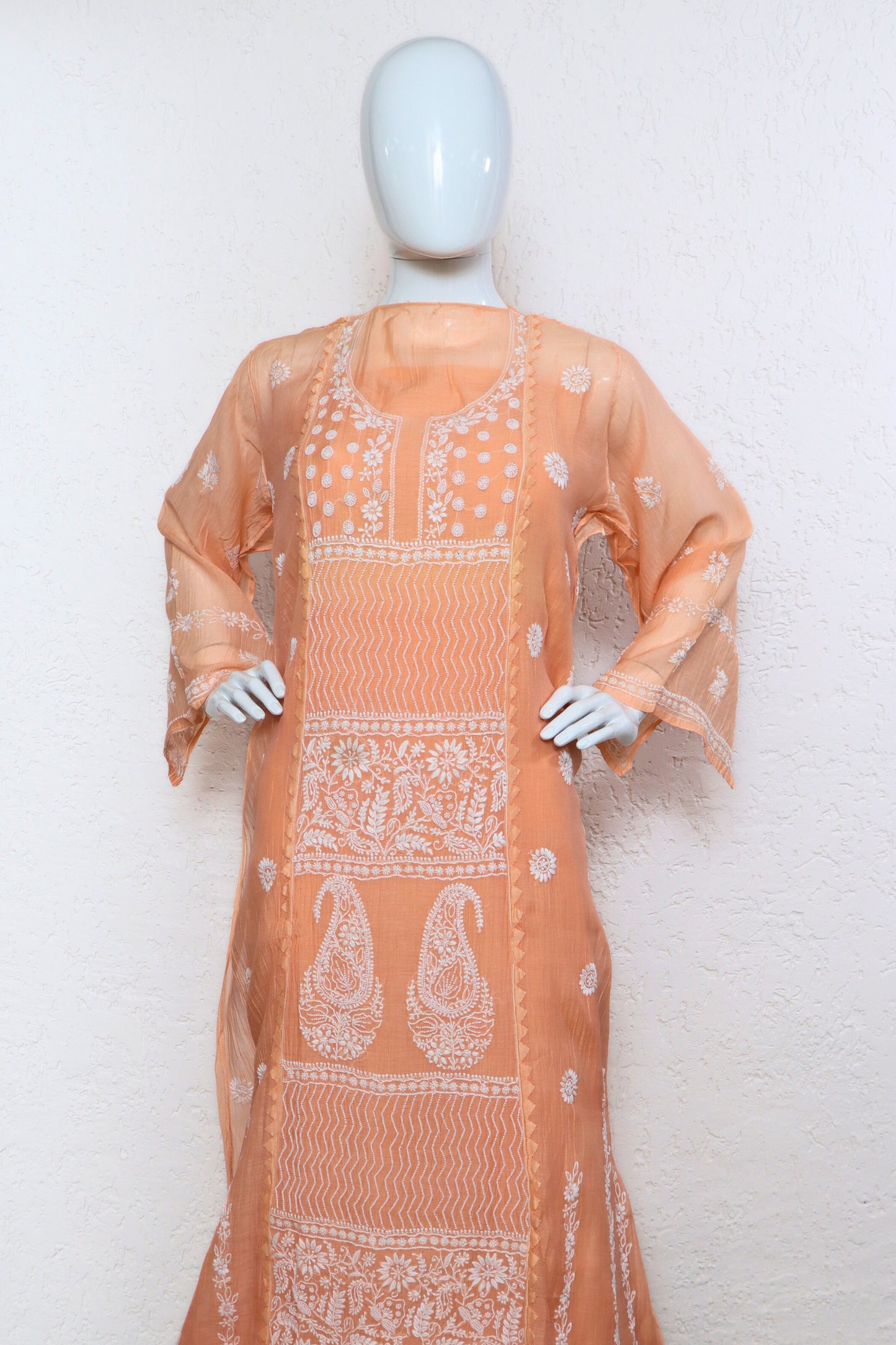 Unstitched Mulchanderi Kurta with Mul Lining and Pants Material in Cotton Satin.