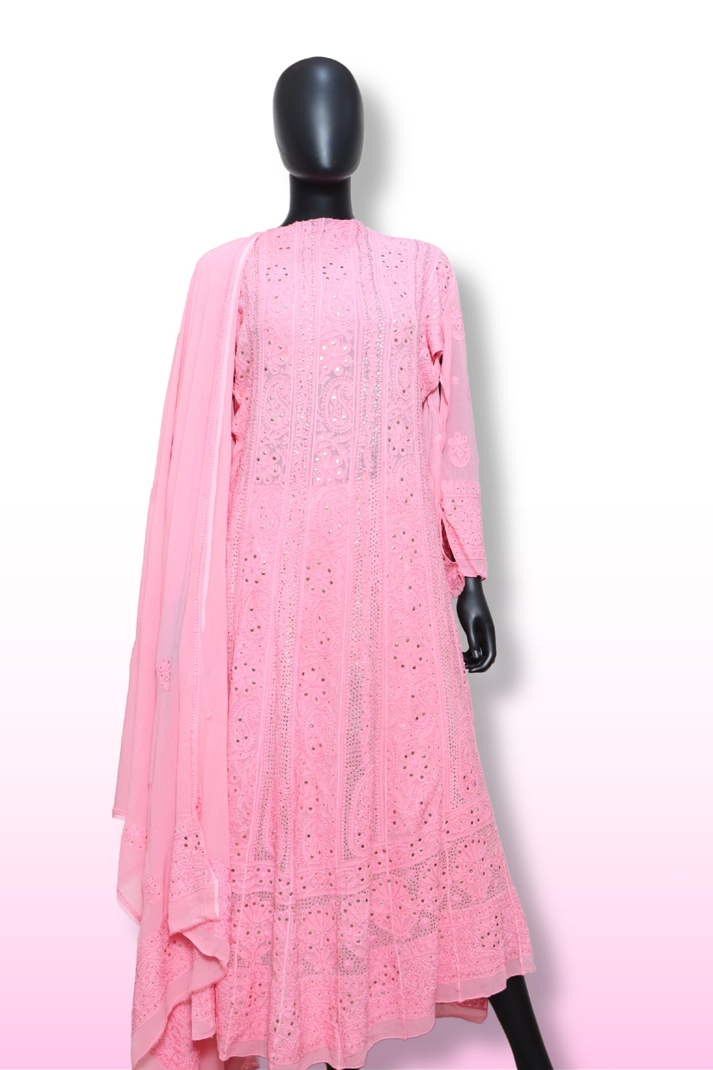 Viscos Anarkali with Heavy Chikankari and Mukaish work Four piece set.