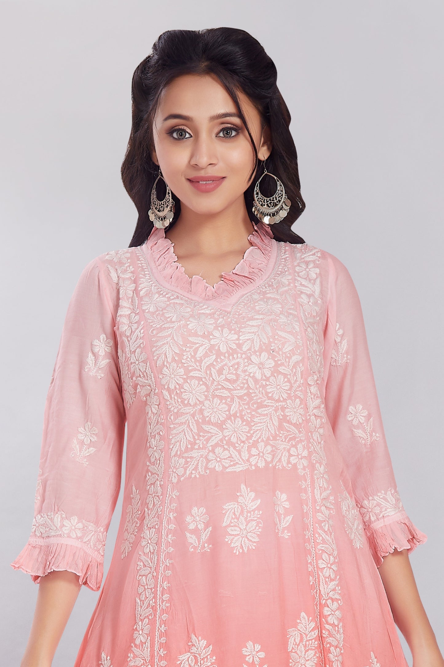 Shagufta Dusty Rose Muslin A Line Kurti with Frills.