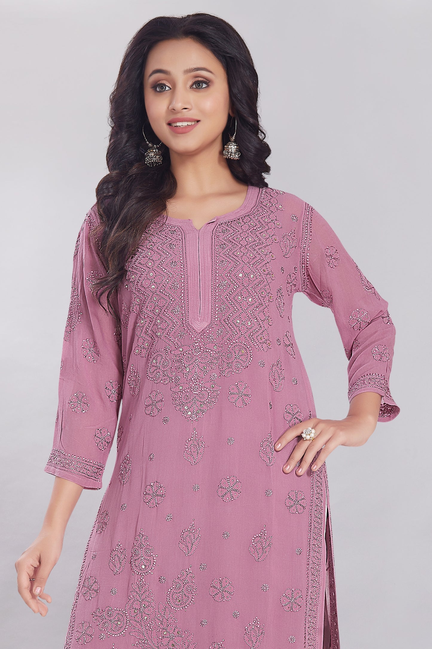 Naaz Plum Purple Georgette Mukaish Kurti.