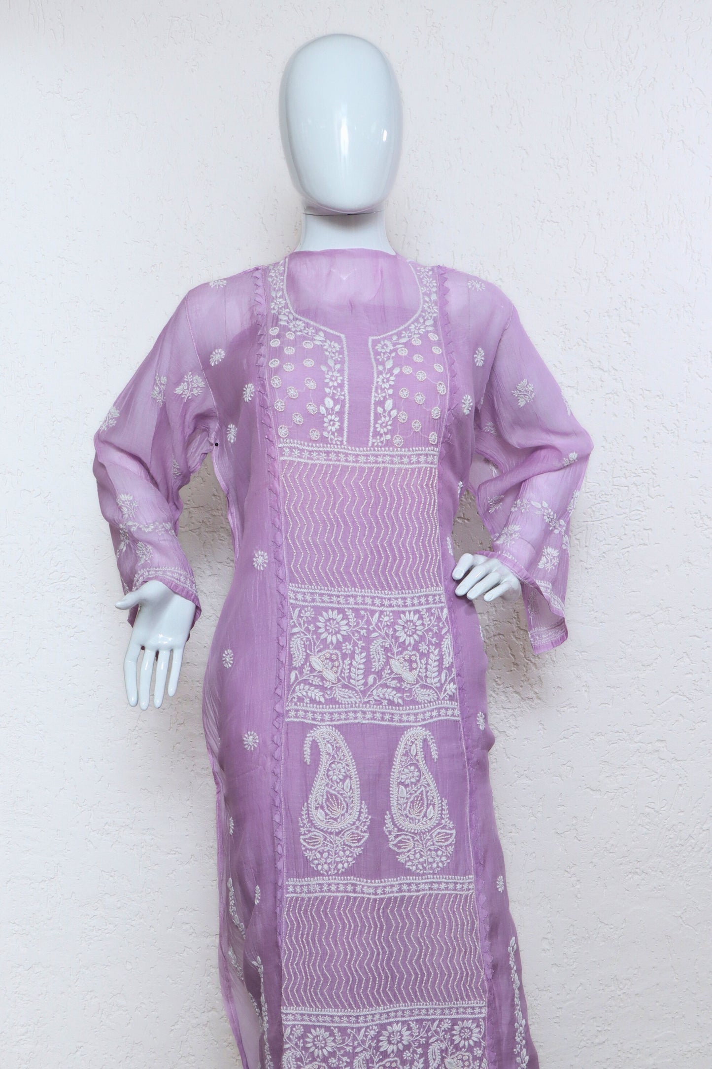 Unstitched Mulchanderi Kurta with Mul Lining and Pants Material in Cotton Satin.