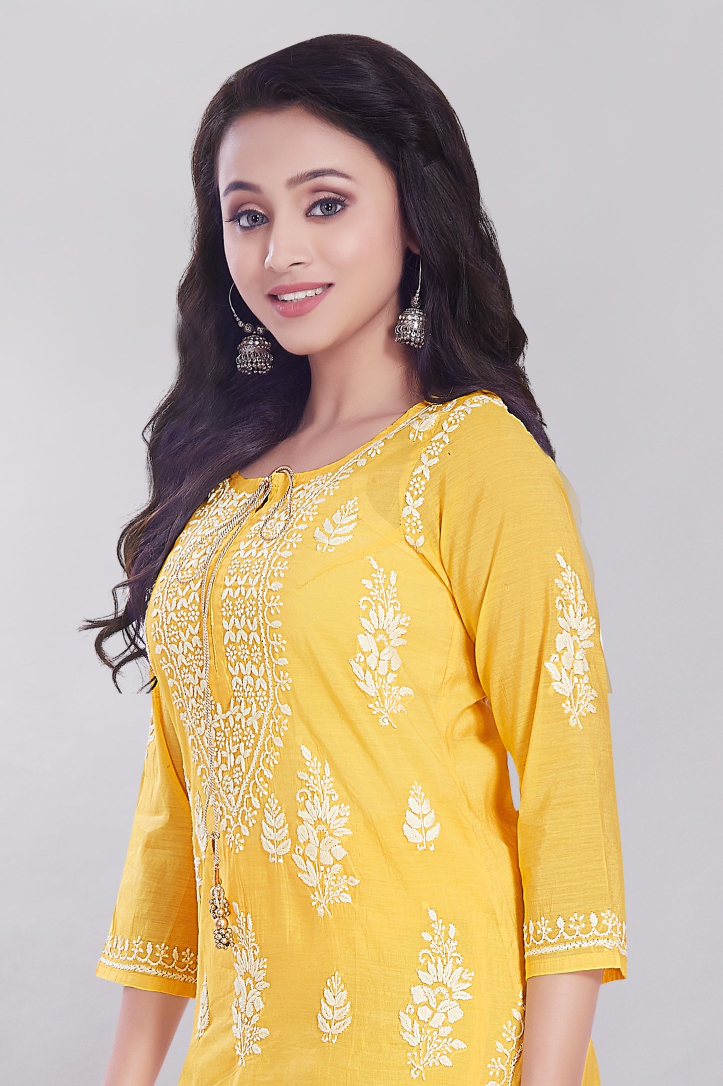 Zeba Canary Yellow Chanderi Chikankari Set.