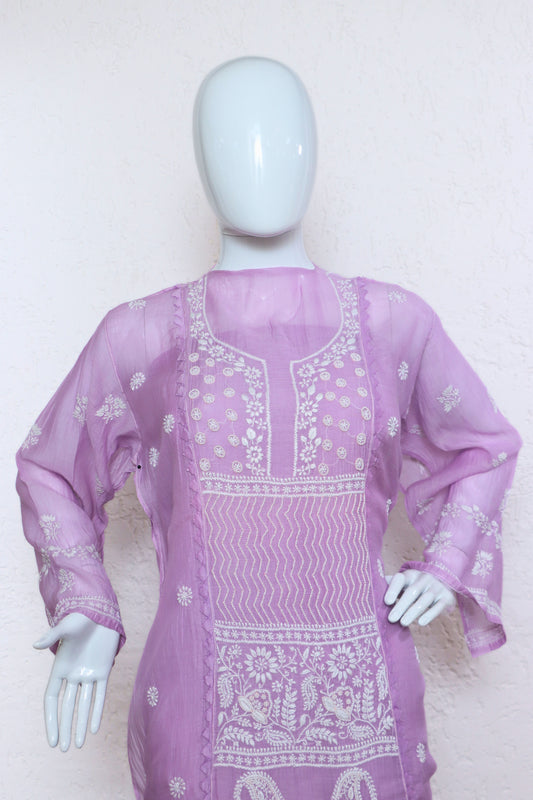 Unstitched Mulchanderi Kurta with Mul Lining and Pants Material in Cotton Satin.