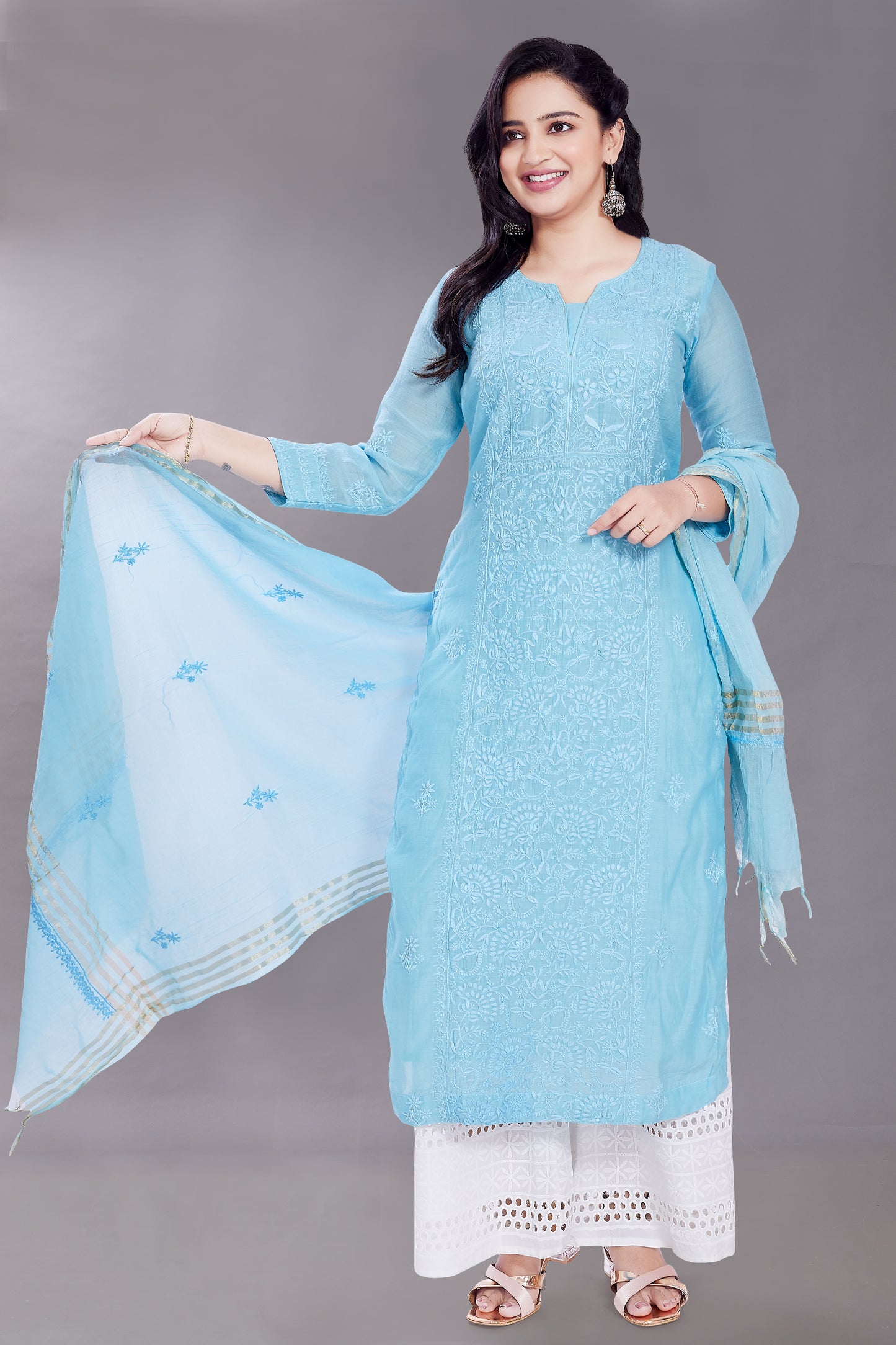 Zeb Pure Mulchanderi Set - Powder Blue