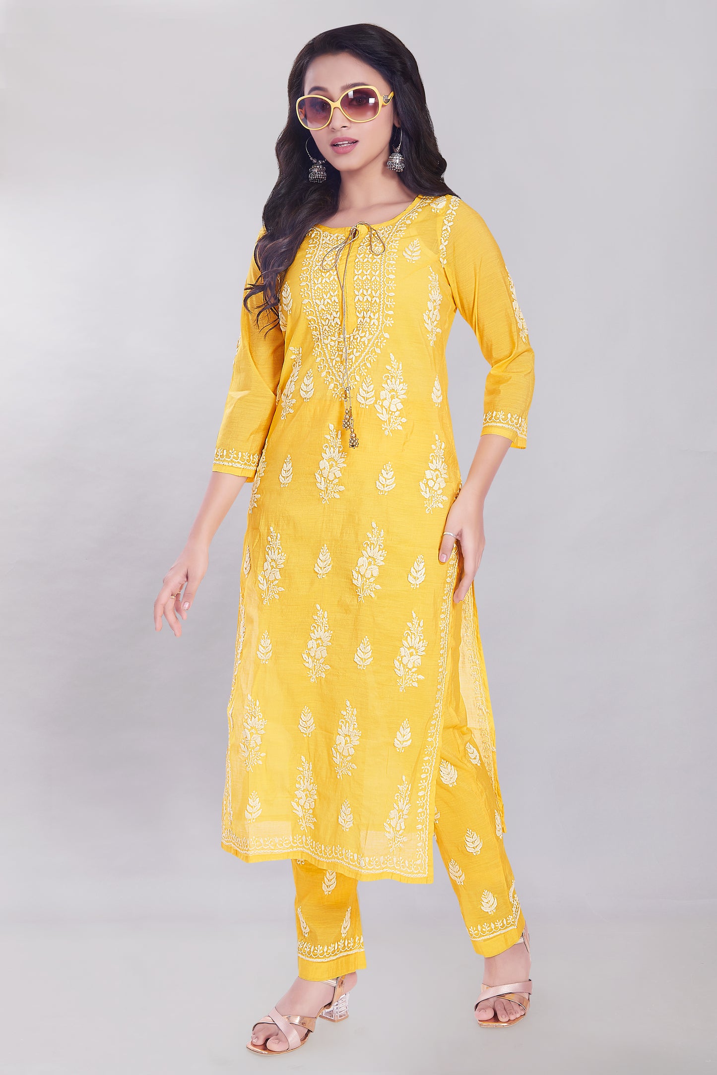 Zeba Canary Yellow Chanderi Chikankari Set.