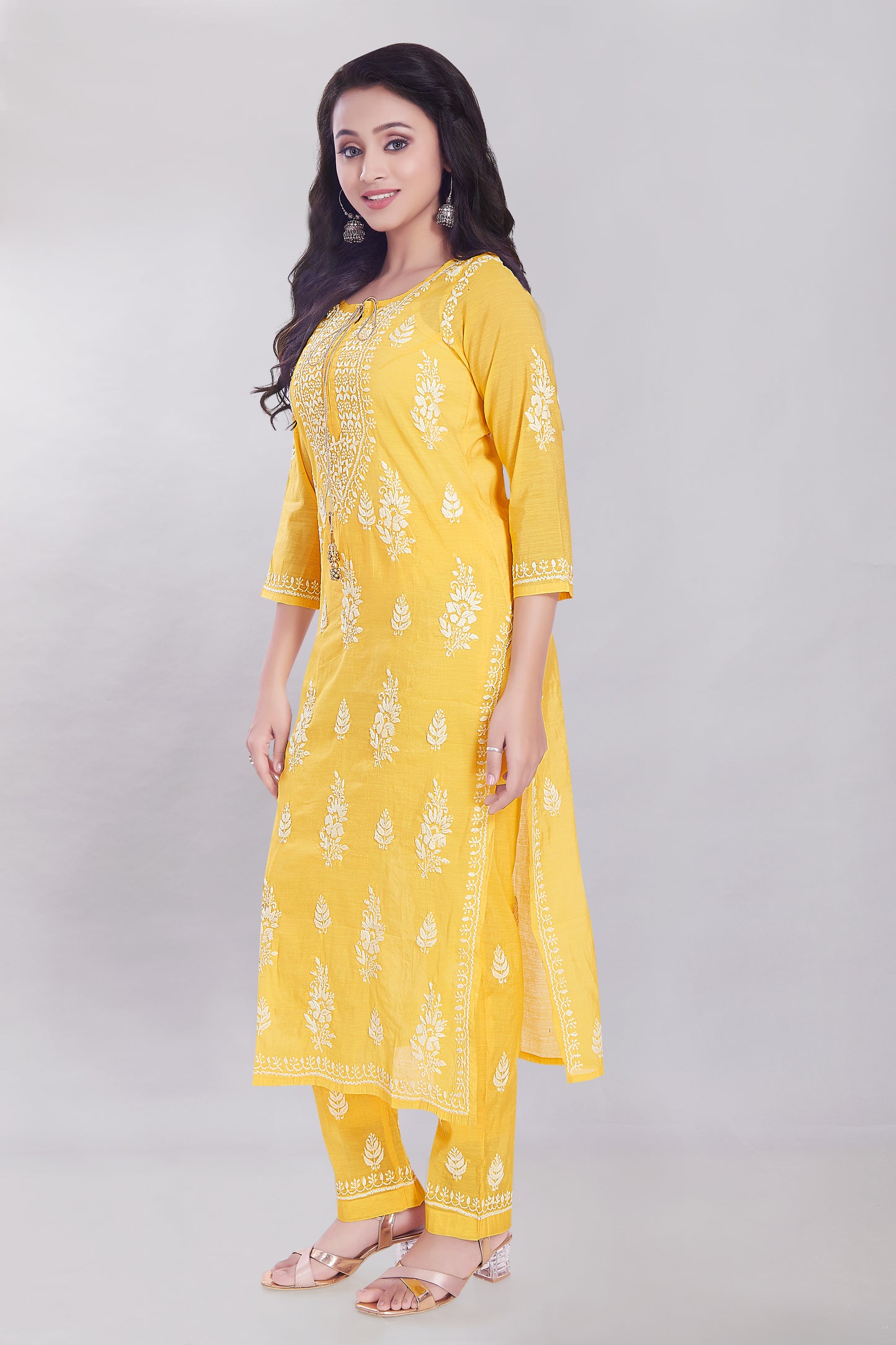 Zeba Canary Yellow Chanderi Chikankari Set.