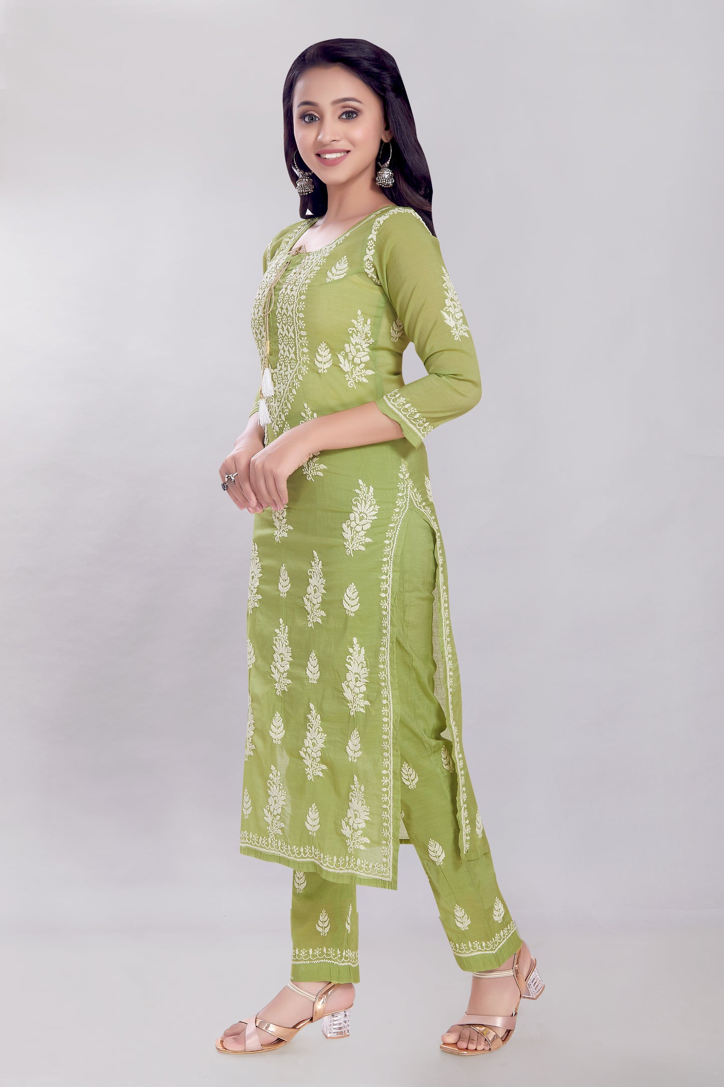 Zeba Melange Green Chanderi Chikankari Set.