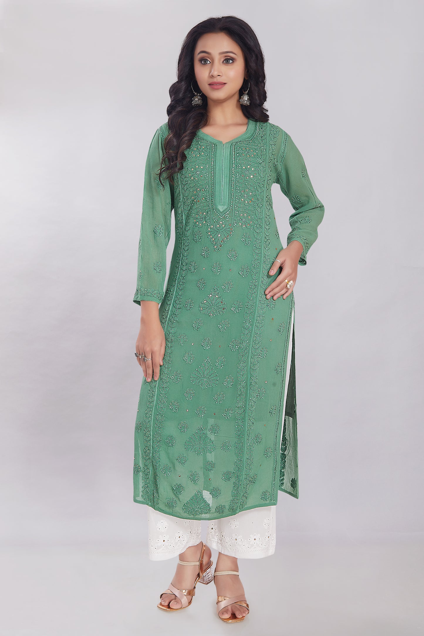 Naaz Jade Green Georgette Mukaish Kurti.