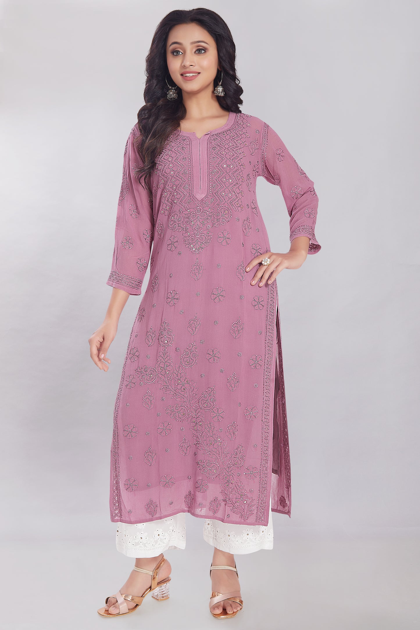 Naaz Plum Purple Georgette Mukaish Kurti.