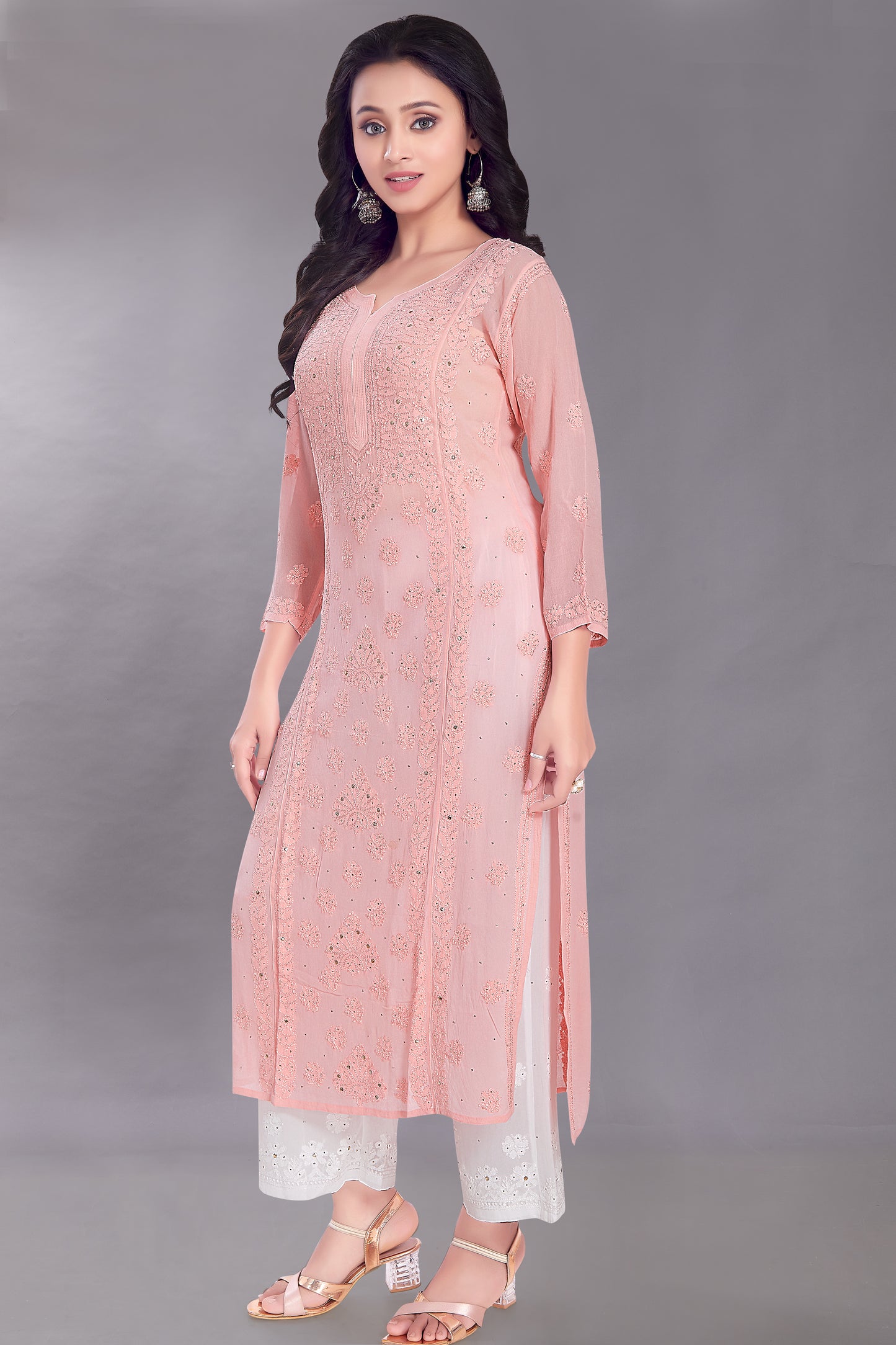 Naaz Powder Pink Georgette Gala Booti Kurti with Mukaish