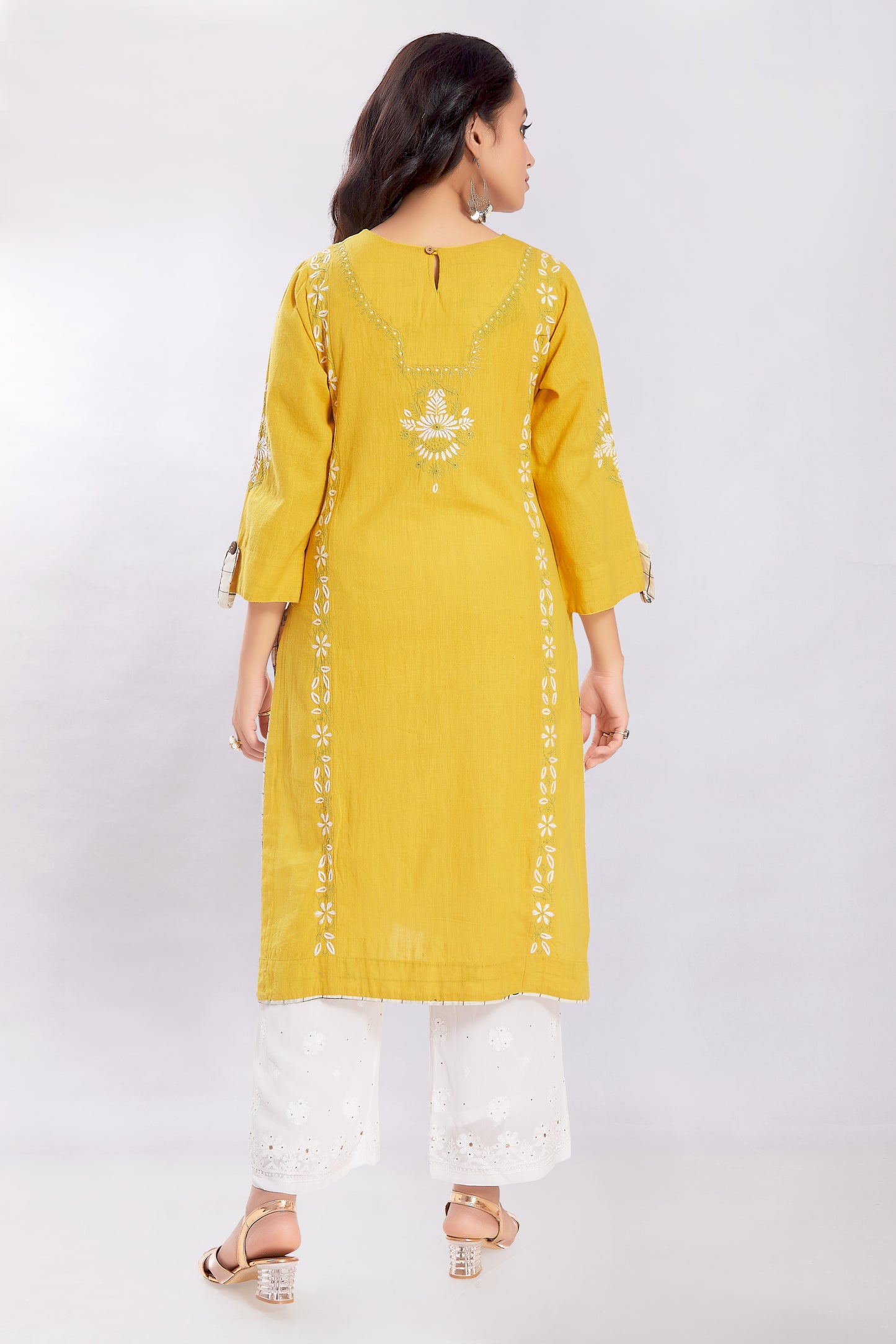 Yellow Handspun Khadi with Chikanwork.