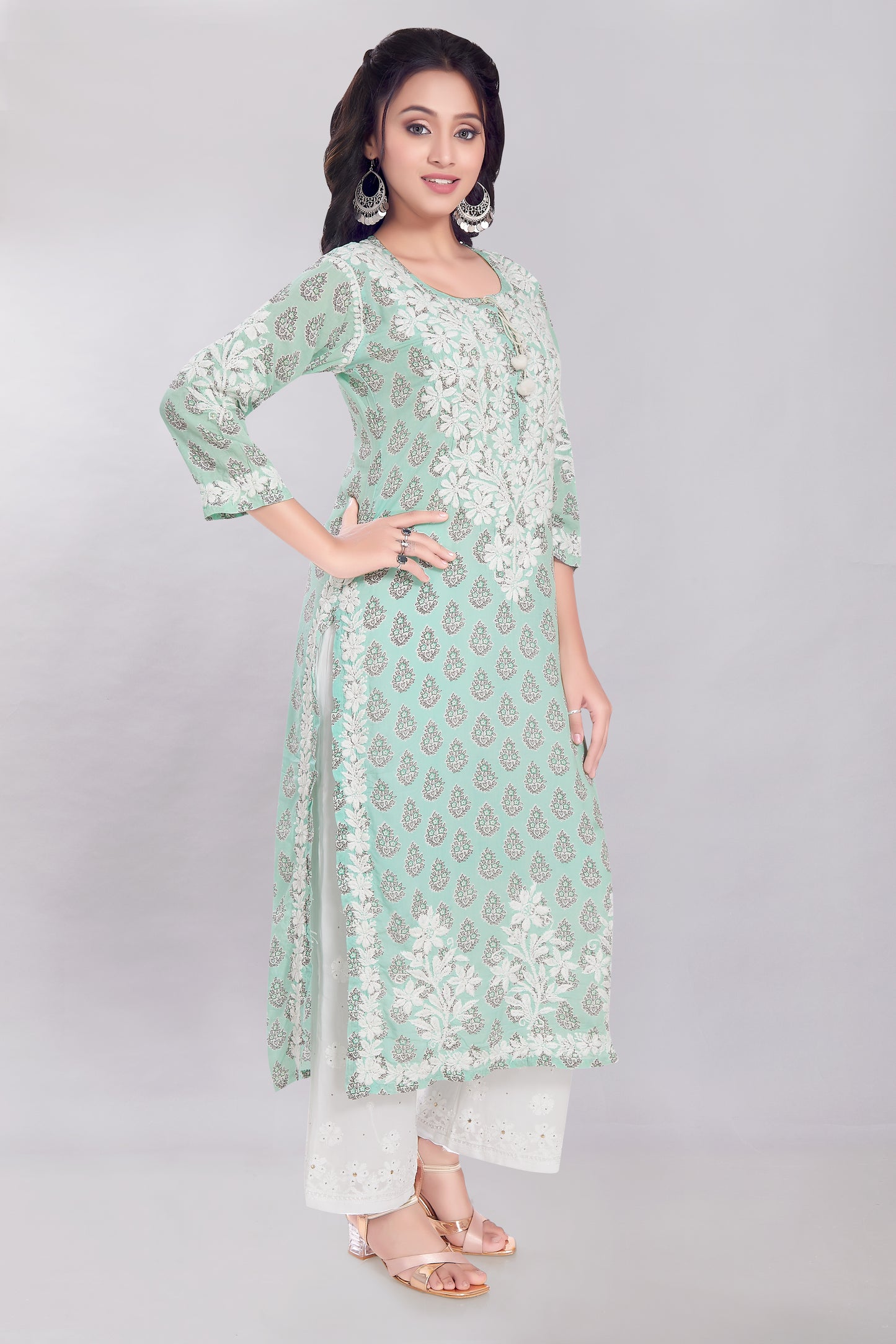 Firdaus Printed Modal Kurti in Pastel Green