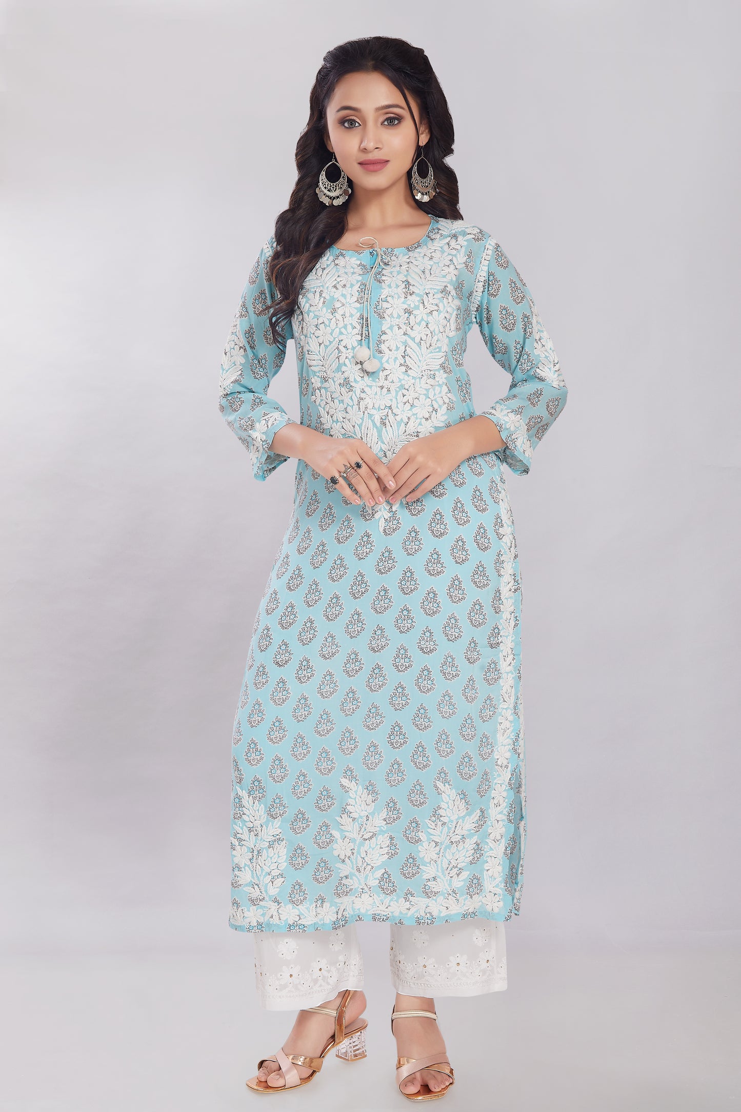 Firdaus Printed Modal Kurti in Aqua Blue