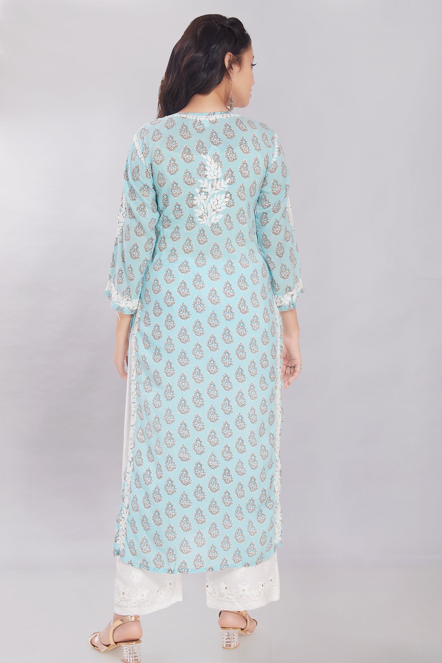 Firdaus Printed Modal Kurti in Aqua Blue