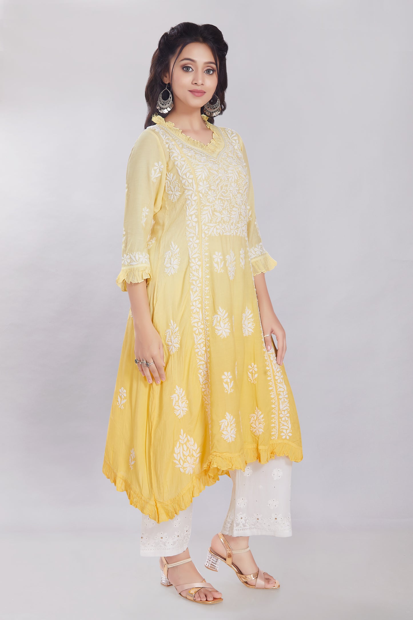 Shagufta Lemon Yellow Muslin A Line Kurti with Frills.