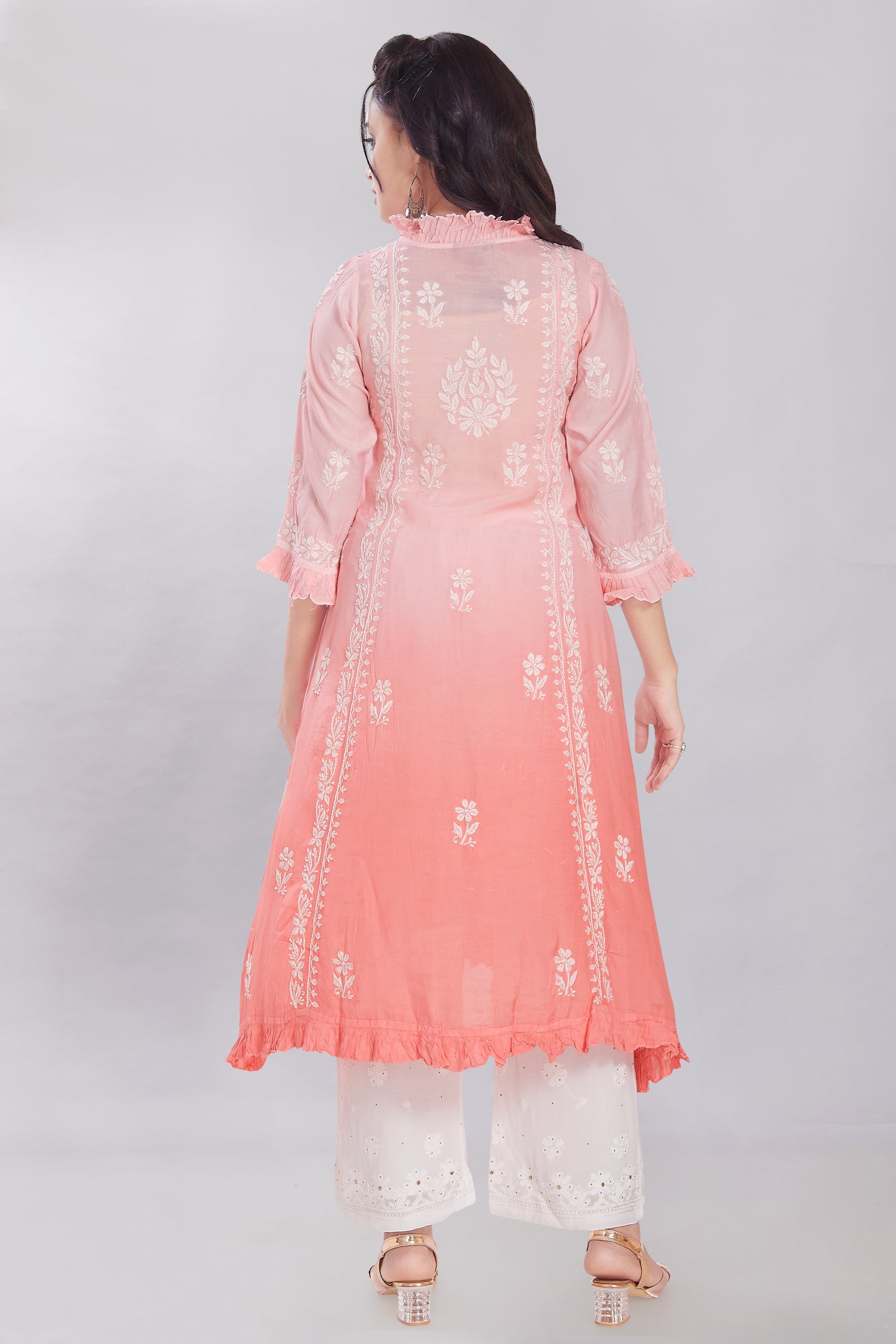 Shagufta Dusty Rose Muslin A Line Kurti with Frills.