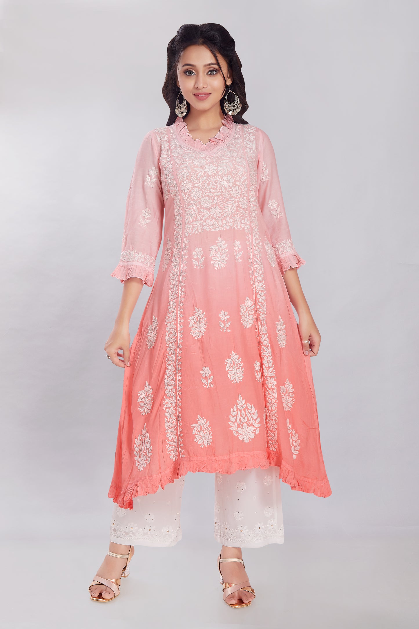 Shagufta Dusty Rose Muslin A Line Kurti with Frills.