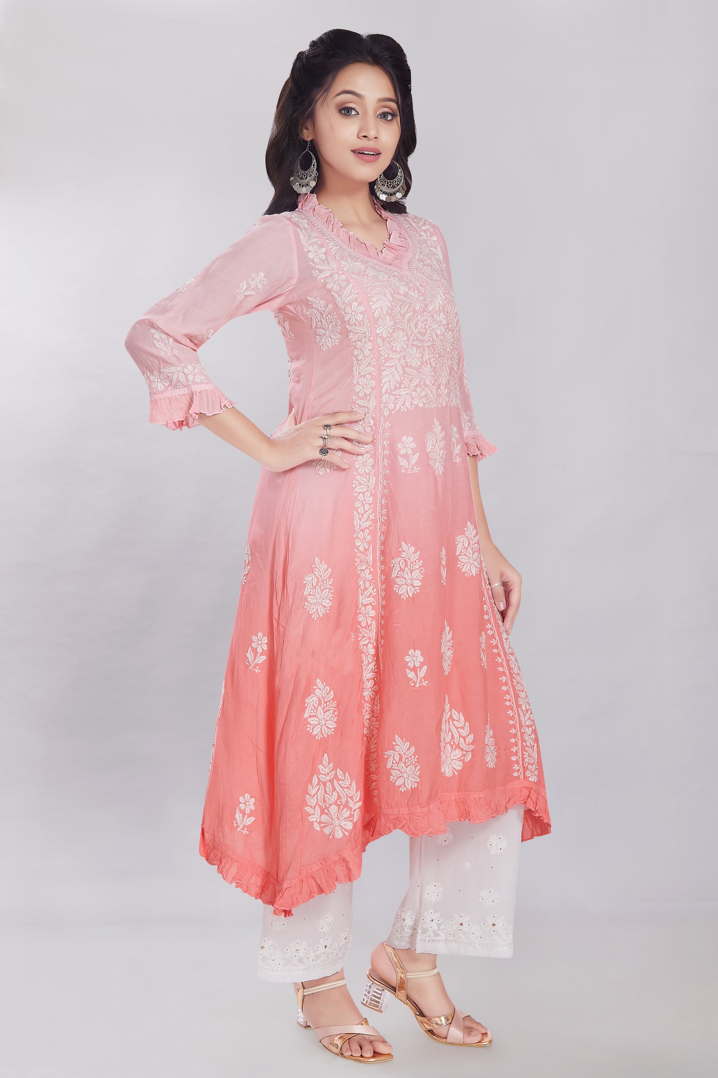 Shagufta Dusty Rose Muslin A Line Kurti with Frills.