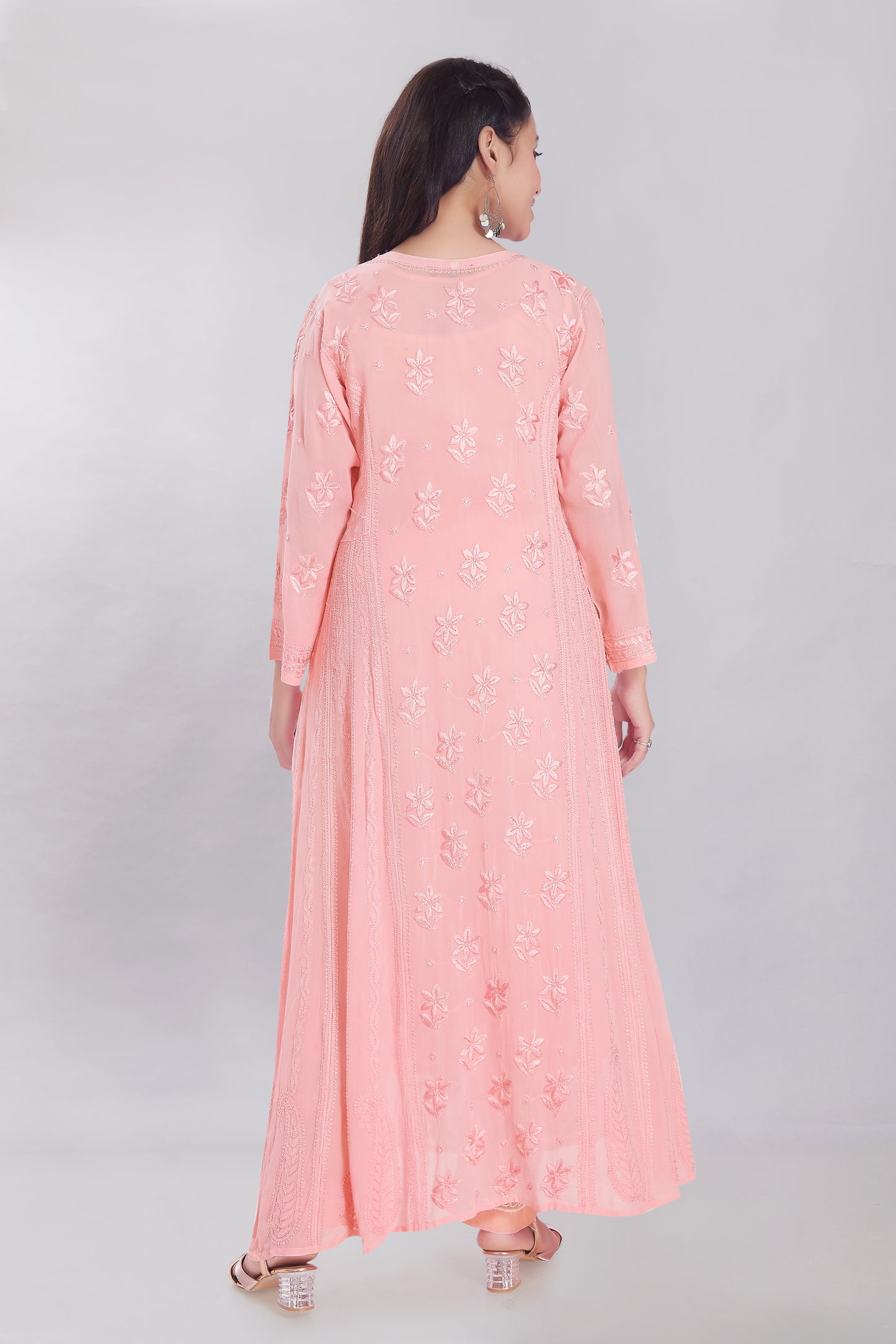 Georgette full length Anarkali in Pastel Peach with Heavy Jaaldaar Chikankari.