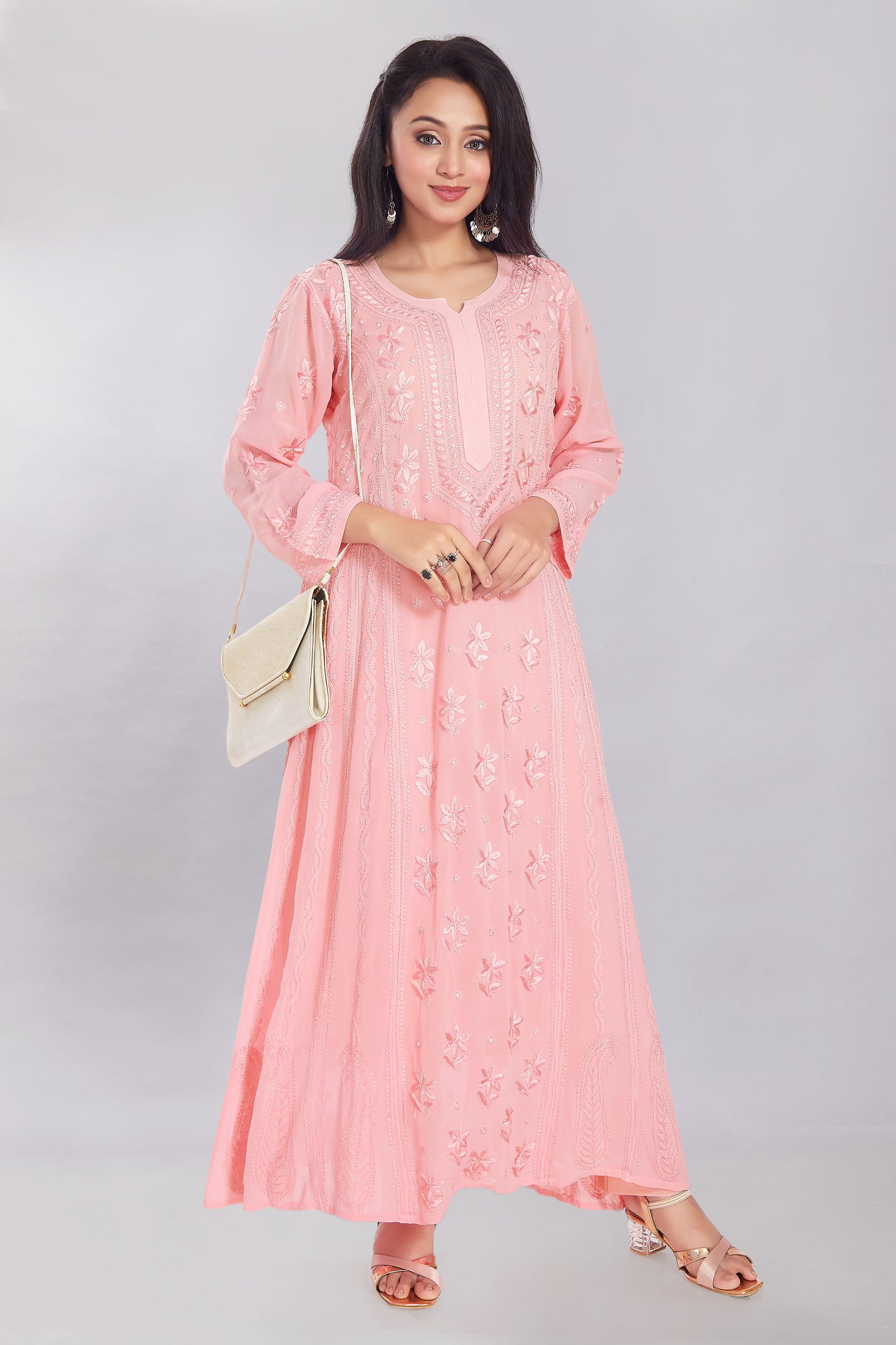 Georgette full length Anarkali in Pastel Peach with Heavy Jaaldaar Chikankari.