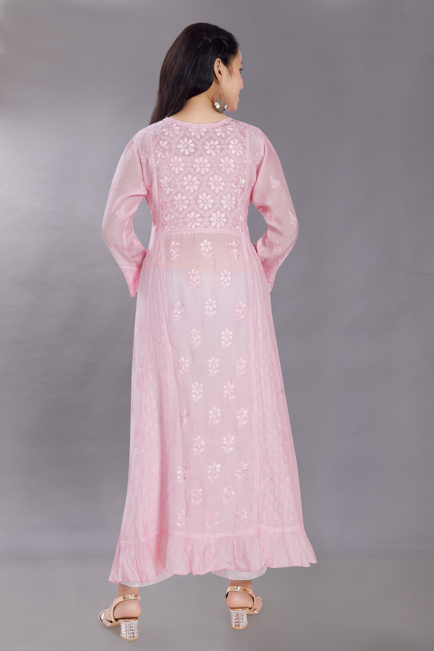 Nazish Flowering Rose (Pink) Muslin Kalidaar Gown