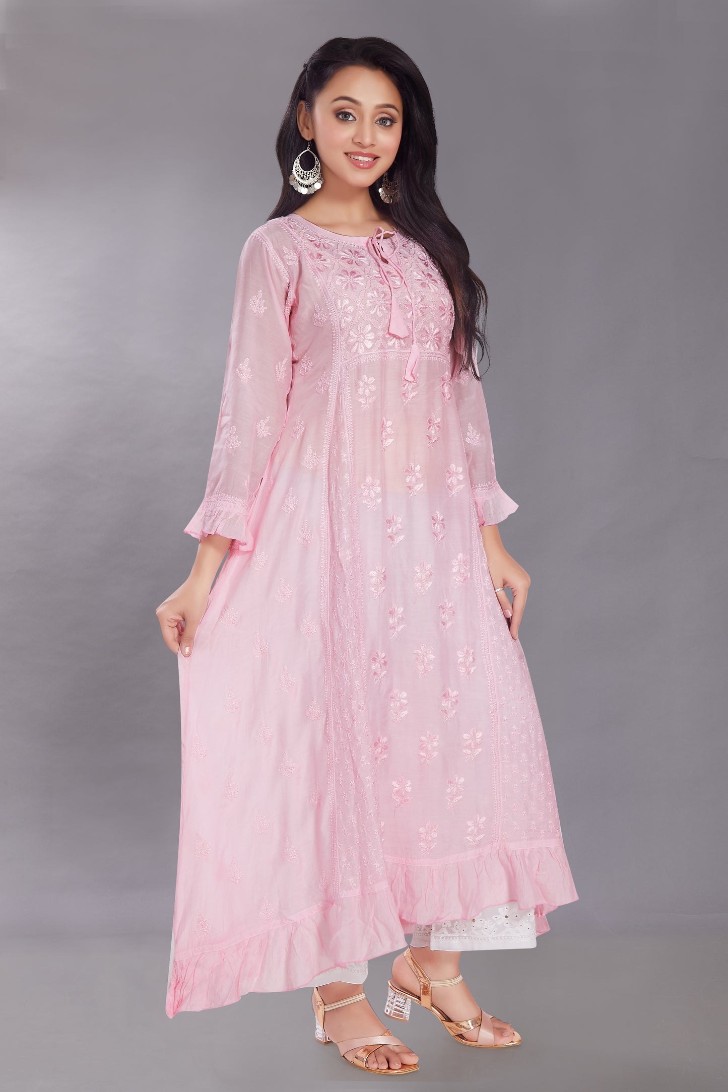 Nazish Flowering Rose (Pink) Muslin Kalidaar Gown