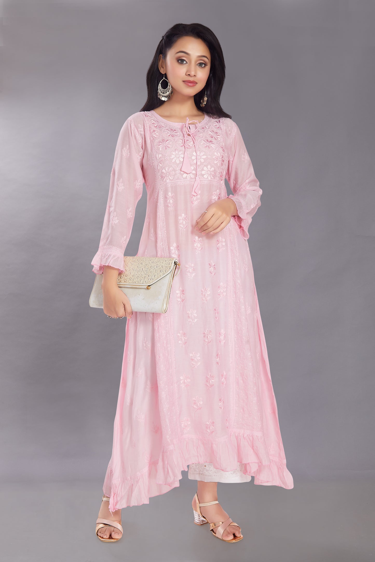 Nazish Flowering Rose (Pink) Muslin Kalidaar Gown