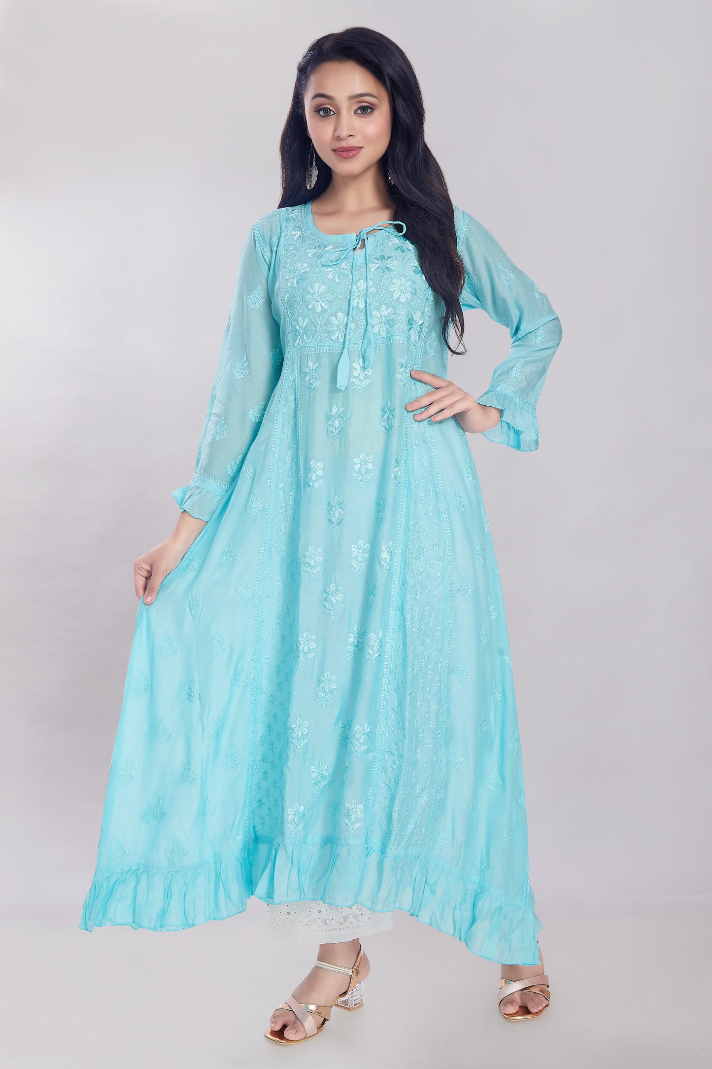 Nazish Aqua Blue Muslin Kalidaar Gown