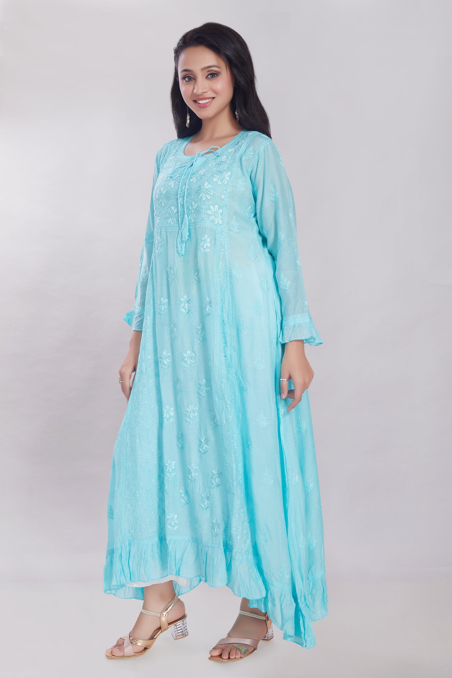 Nazish Aqua Blue Muslin Kalidaar Gown