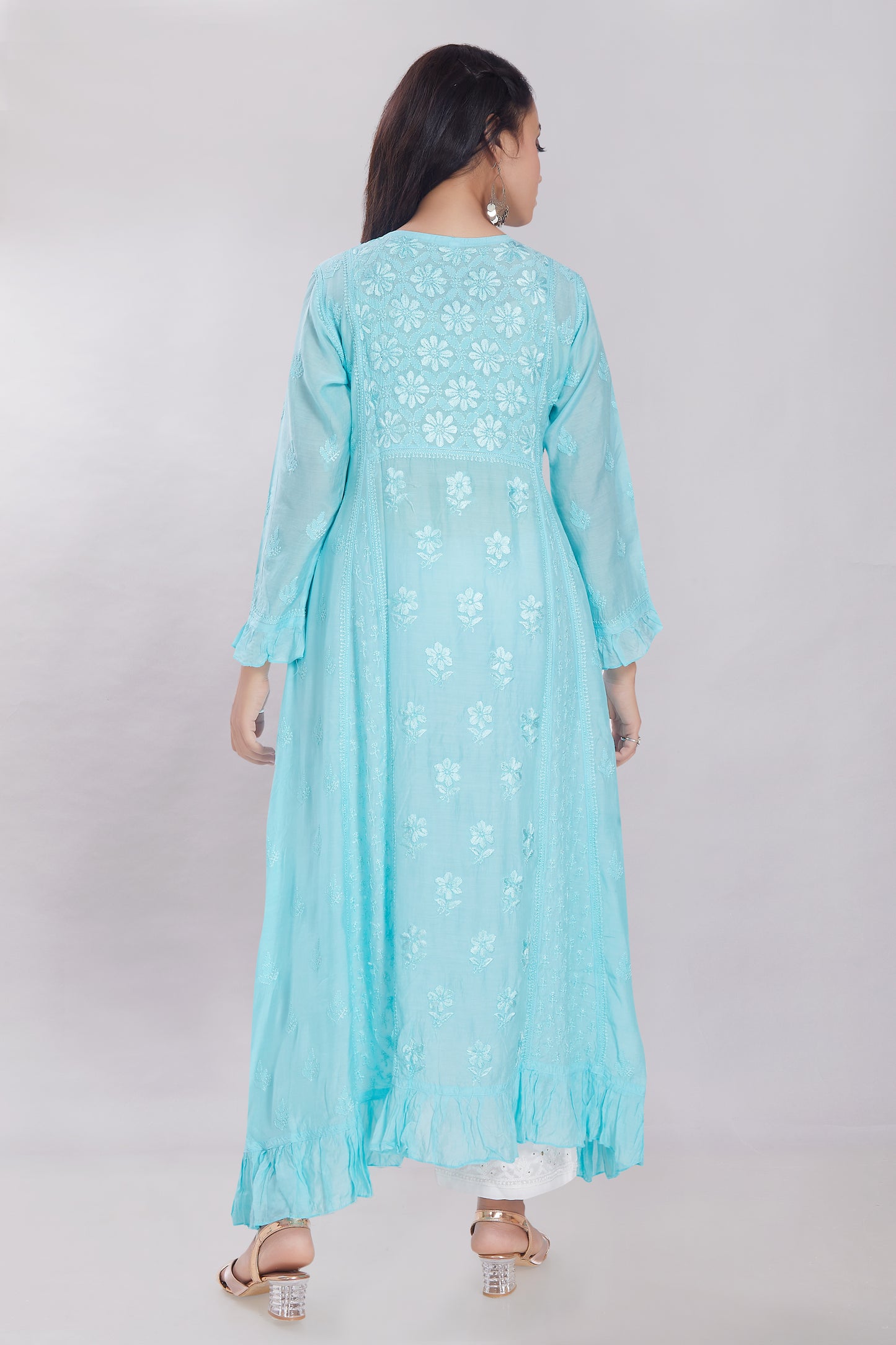 Nazish Aqua Blue Muslin Kalidaar Gown