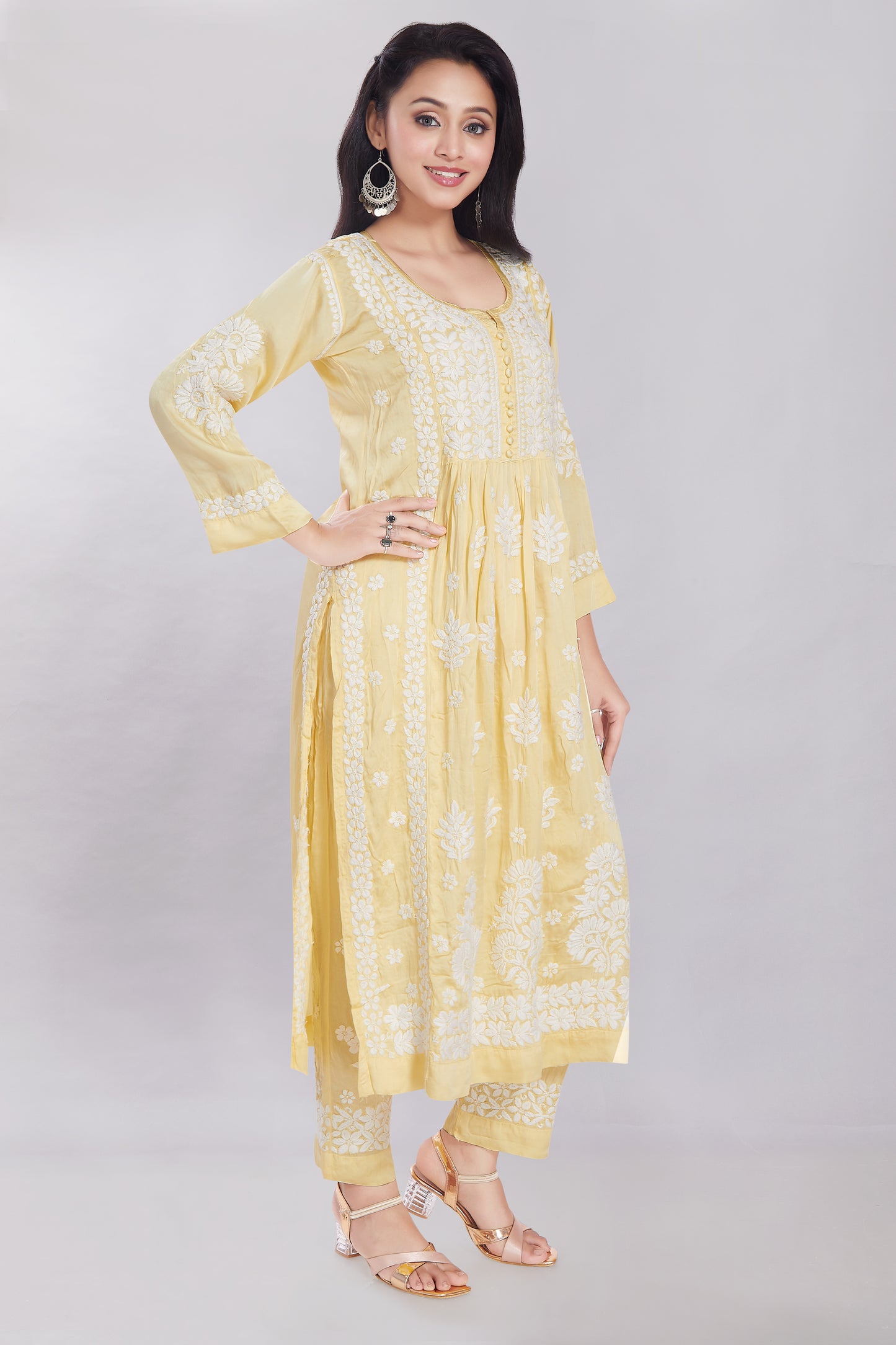 ⁠⁠Huma Yellow Modal Satin Gherdaar Set