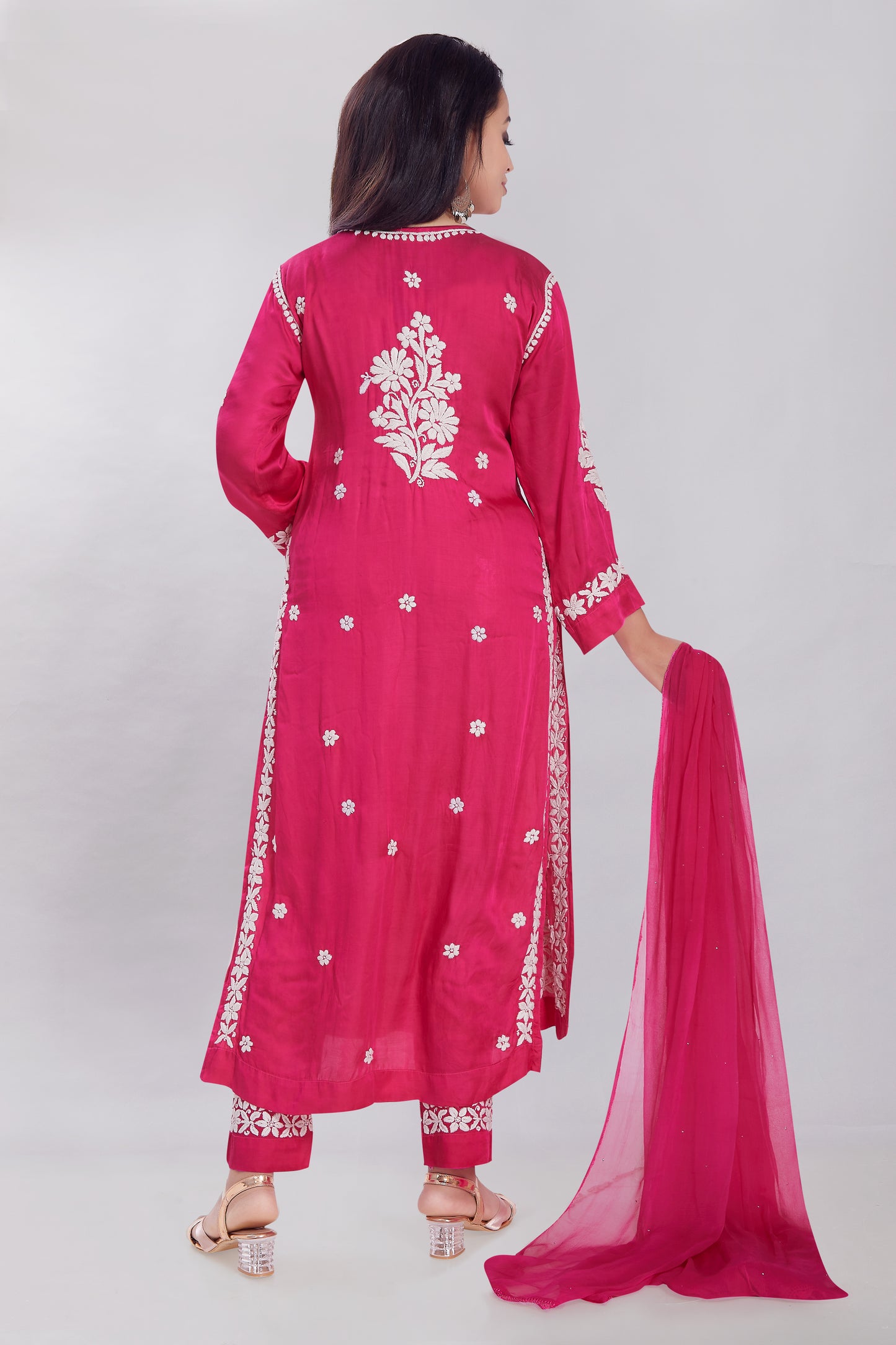 ⁠⁠Huma Cherry Pink Modal Satin Gherdaar Set