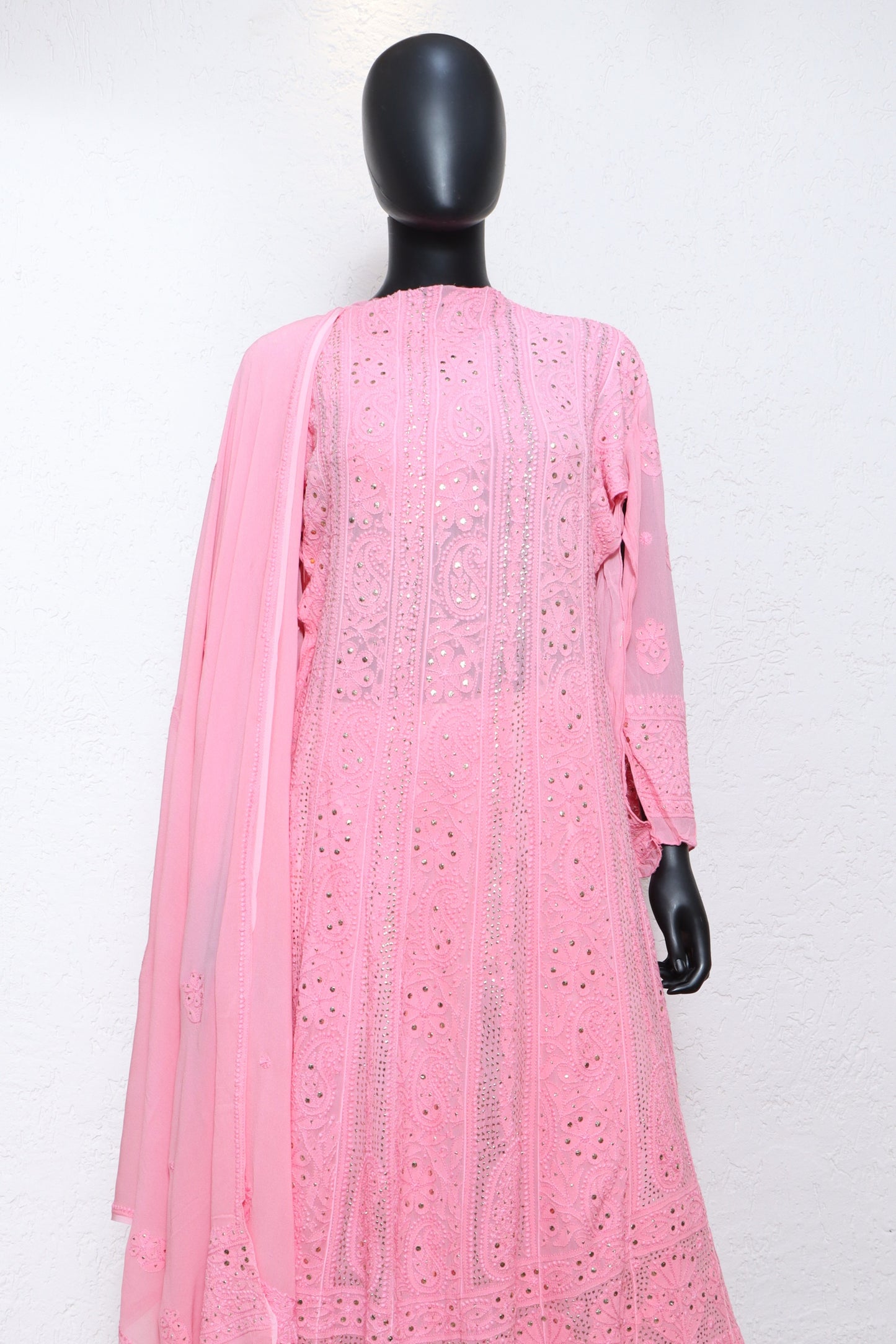 Viscos Anarkali with Heavy Chikankari and Mukaish work Four piece set.