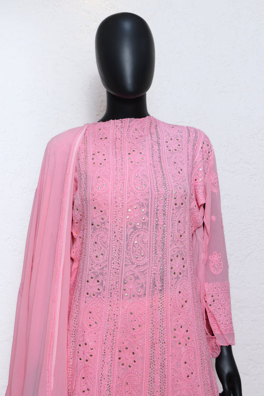 Viscos Anarkali with Heavy Chikankari and Mukaish work Four piece set.